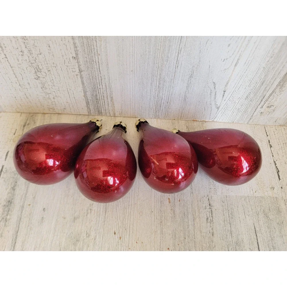 Vintage dark red glitter teardrop glass ornament Xmas set unique home decor